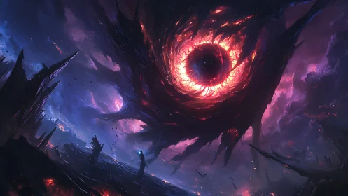 Vast vortex structure over figures in fractured terrain.