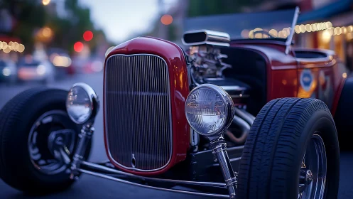 Crimson hot rod shining proudly under soft evening lights.