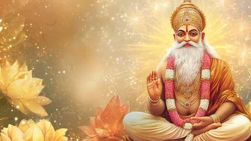 Divine sage in golden aura blesses amid luminous lotus blooms