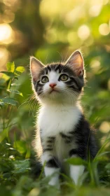 Black and White Kitten Sits in Garden Sunlight.