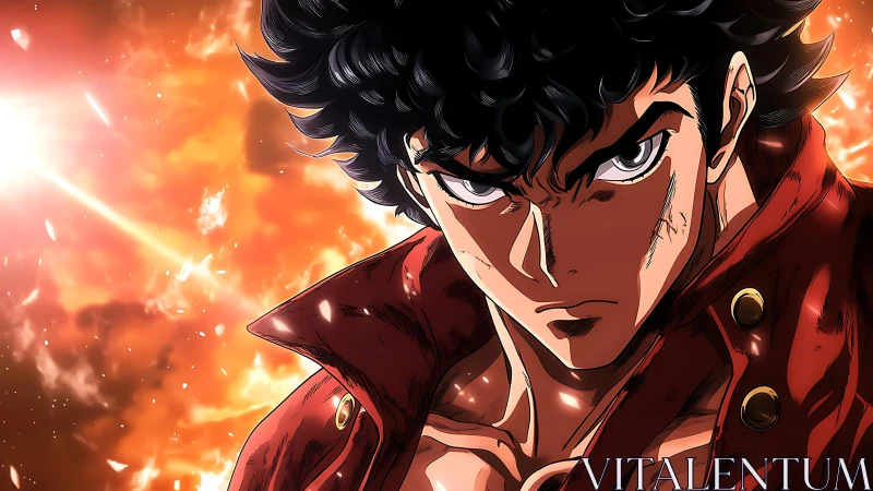 Intense anime warrior portrait under high-contrast fiery backlight
