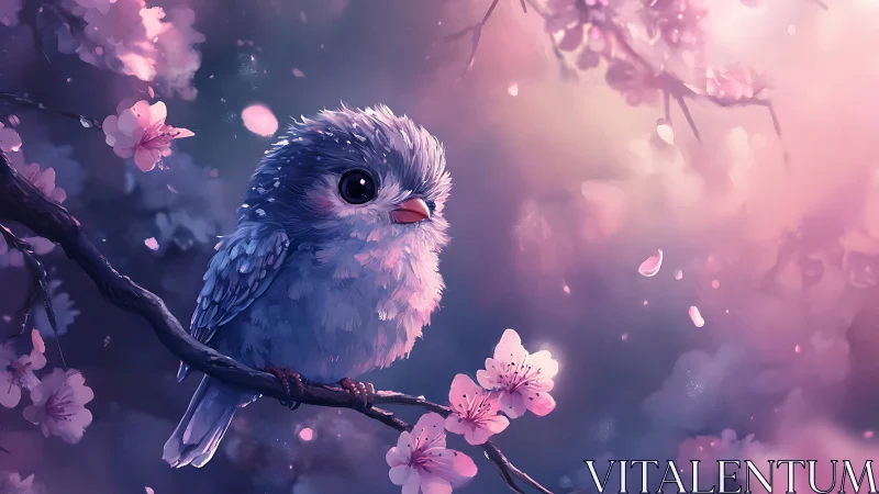 Blue songbird perches on cherry blossom branch at dusk