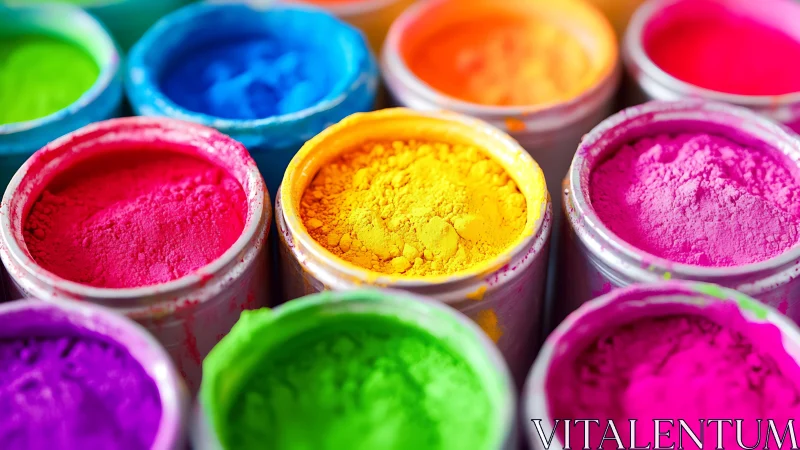 Vibrant powdered pigments fill open jars in tight macro view