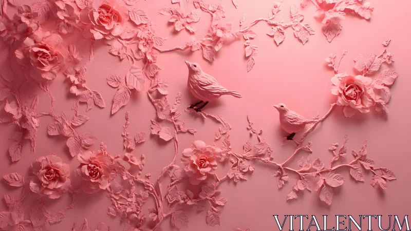 Elegant Pink Relief Art with Birds and Roses in Floral Style.