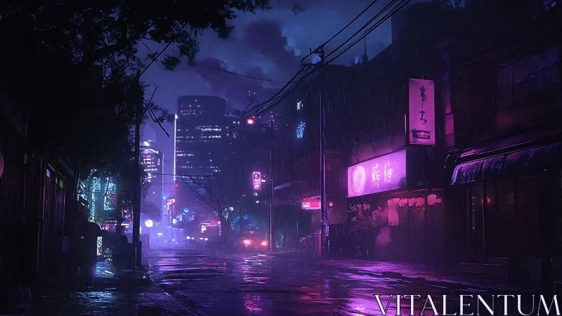 Neon soaked night street glows softly in gentle city rain