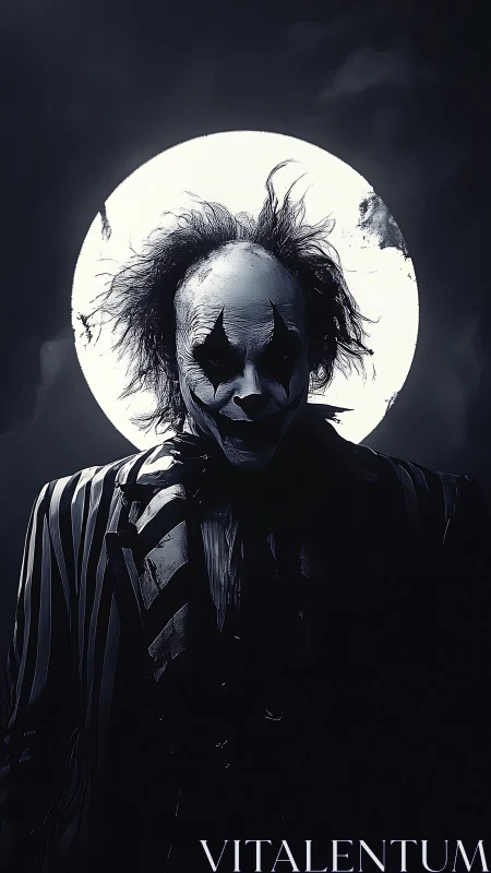 Clown figure stands backlit against full moon in darkness
