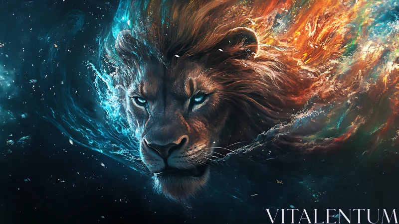Elemental lion portrait uniting fluid fire and water dynamics