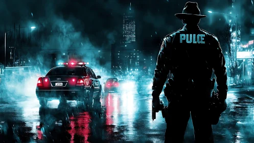 Police officer stands behind patrol car in foggy night street