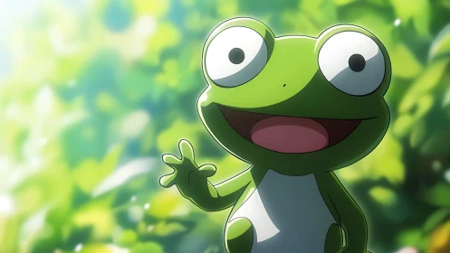 Smiling cartoon frog waves cheerfully in sunlit forest