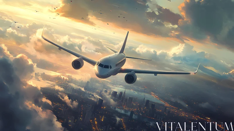 Sunlit passenger jet gliding home above glowing city skies.