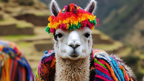 Andean alpaca portrait in vibrant traditional textile regalia