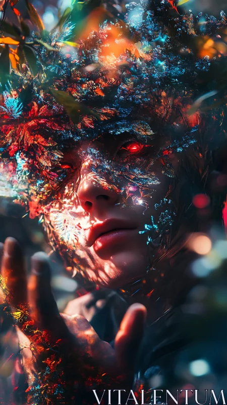Hybrid humanoid face merged with foliage and colored light.