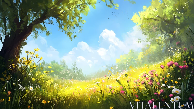 Sunlit wildflower meadow stretches beneath vibrant summer sky