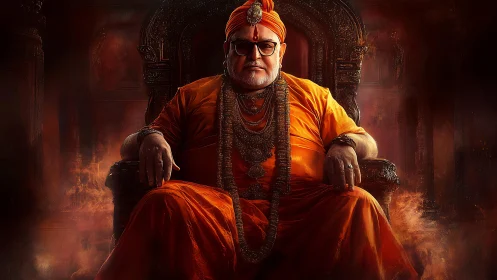 Regal orange-robed guru seated on ornate dark throne.