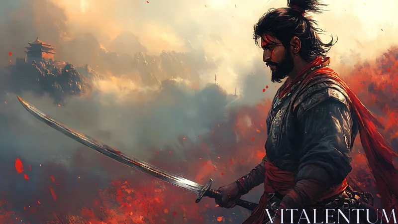 Lone warrior pauses in glowing battlefield haze and embers