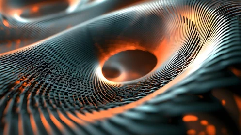Abstract metallic vortex with glowing orange highlights in 3D style.