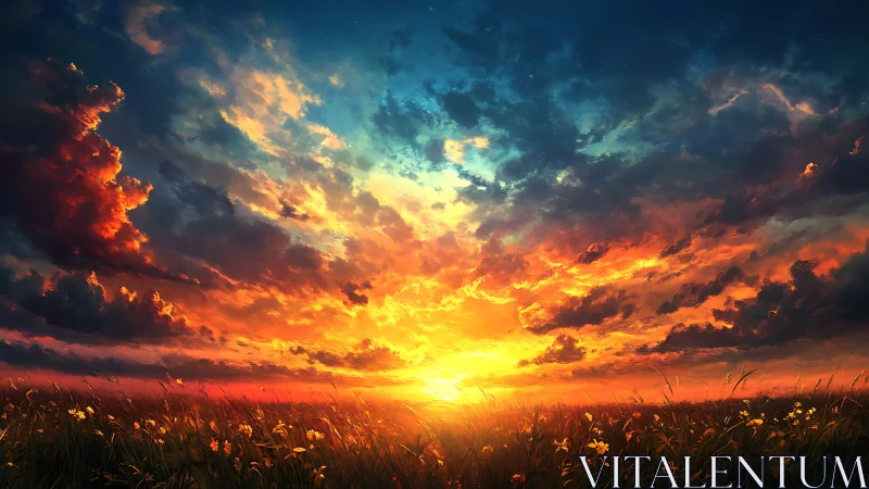 Fiery sunset ignites wildflower meadow beneath vast sky.
