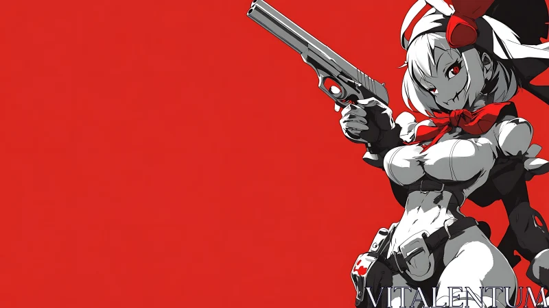 Anime gunwoman aims pistol against solid red backdrop
