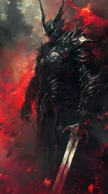 Dark armored warlord emerges from blazing crimson void.