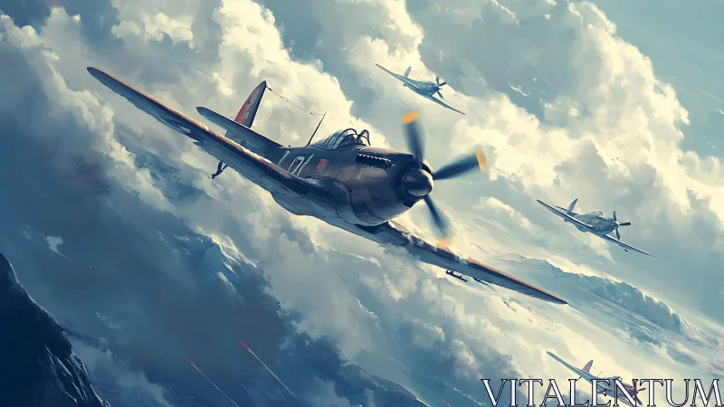 World War II fighter aircraft in coordinated cloud formation.