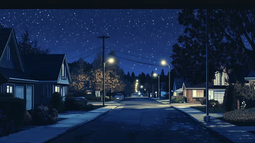 Digital nightscape of quiet suburban street under starlit sky.