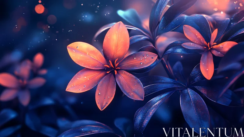 Digital render depicting stylized flowers with luminescent petals against dark background