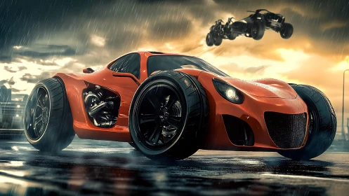 Futuristic red hypercar dominates wet neon city street.