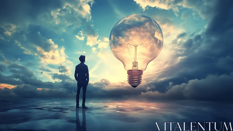 Silhouetted observer with oversized luminous bulb over sky mirror.