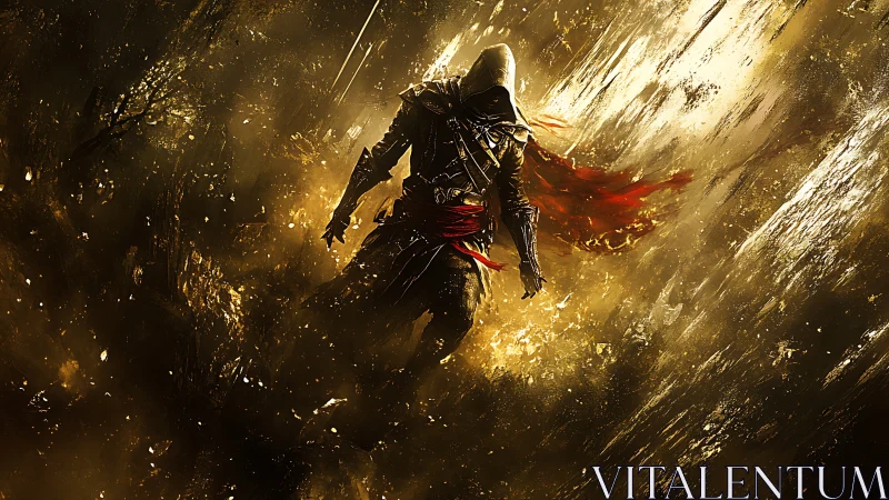 Hooded rogue descending through luminous particulate vortex.