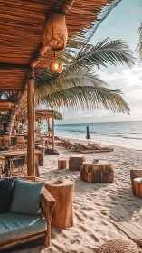Rustic beach lounge captures tranquil tropical shoreline sunset