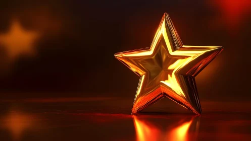 Shiny Golden Star on Glossy Surface with Warm Lighting, Digital Art.