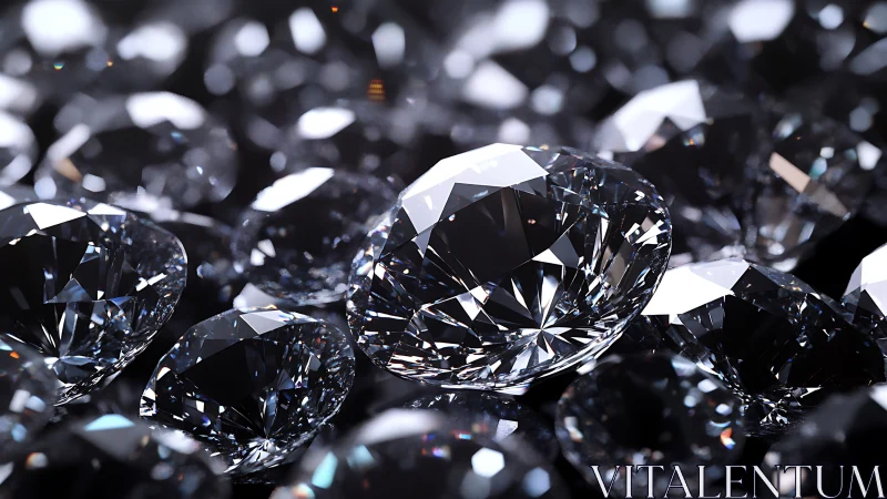 Cut diamonds clustered in closeup on reflective surface.