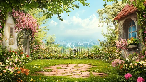 Flower filled cottage garden terrace above distant city.