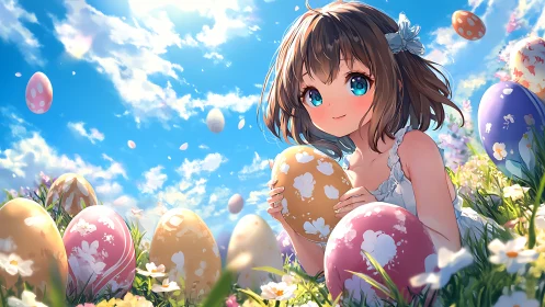 Spring meadow daydreams with a girl and painted eggs.