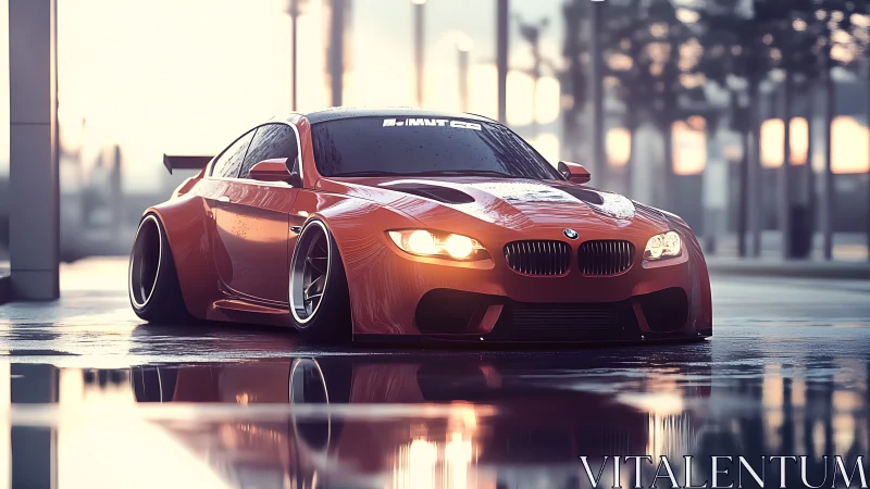 Widebody red BMW coupe rendered on wet city street at dusk