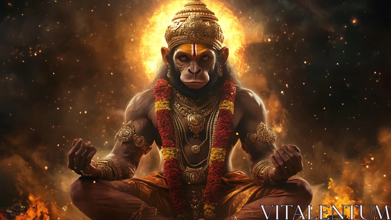 Simian warrior deity in meditative pose amid radial fire halo