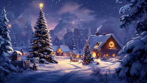 Snow-covered village glows under festive Christmas night sky