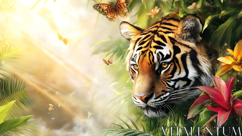 Majestic tiger watches butterflies drift through golden jungle