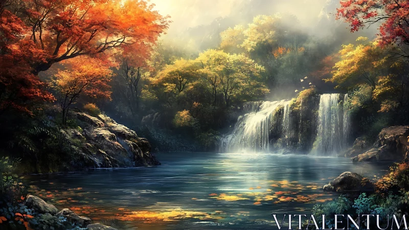 Autumn forest waterfall with rock pool and misty backdrop.