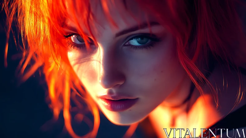 Incandescent gaze under cinematic orange-blue lighting.