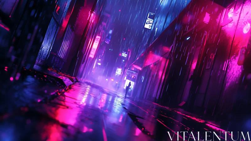 Neon rain drifting through a quiet midnight city alleyway.