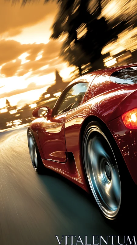 Scarlet sports car racing through golden twilight streets.