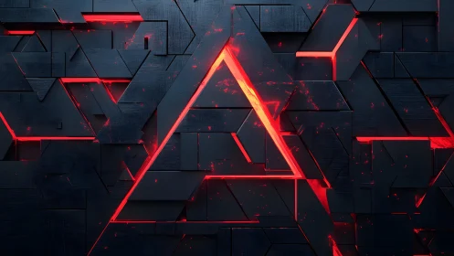 Futuristic dark geometric wall with glowing red triangle highlight.