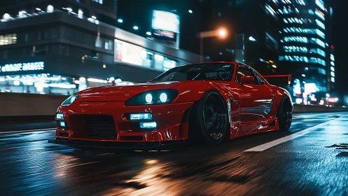 Red tuner car racing through neon city streets at night.
