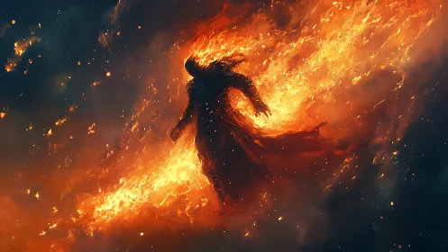Flameborn wanderer strides through a storm of burning night