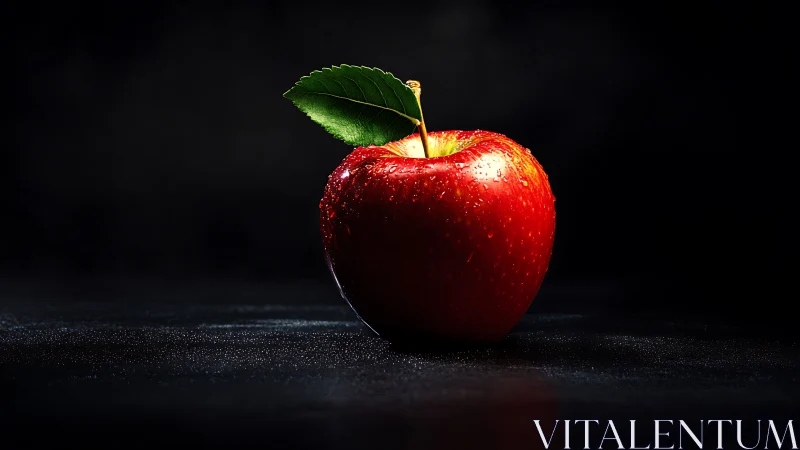 Red apple with leaf on dark reflective surface in studio light.