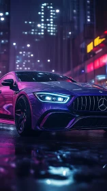 Neon soaked sports car cruising through a rainy city night.