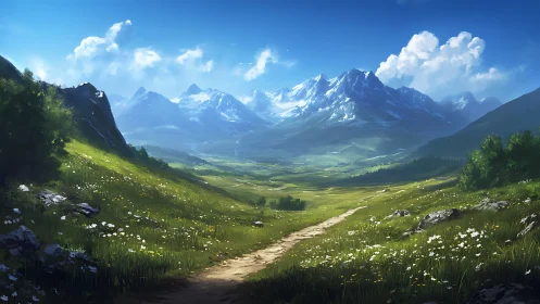 Sunny wildflower valley winding toward distant blue peaks.