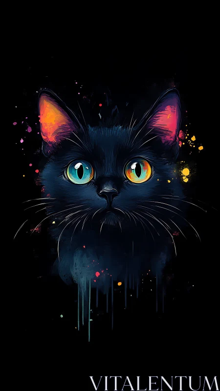 Black Cat Portrait with Neon Accents and Dripping Effects