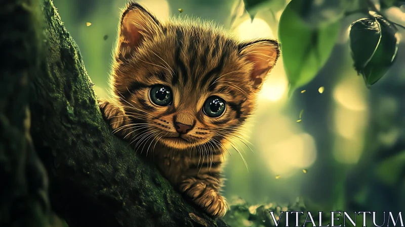 Curious kitten perched among luminous forest foliage.